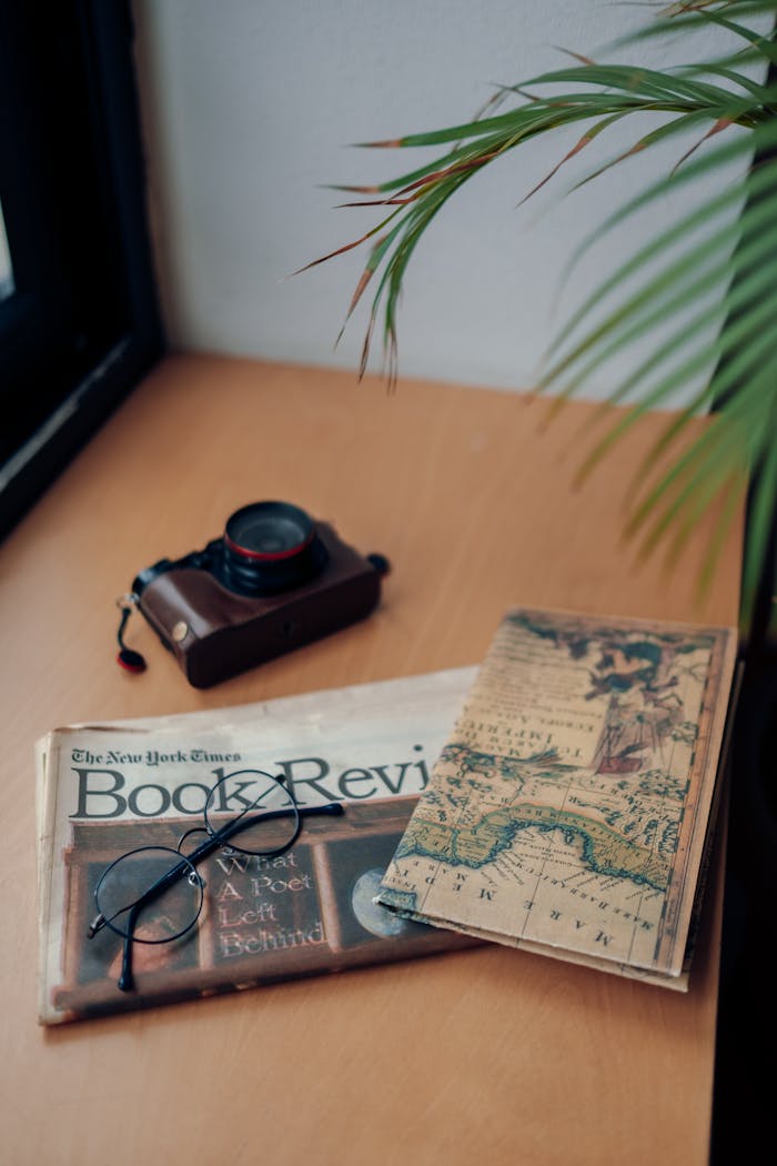 Services Vintage camera, book review, and antique map placed on a wooden table next to glasses and plant.